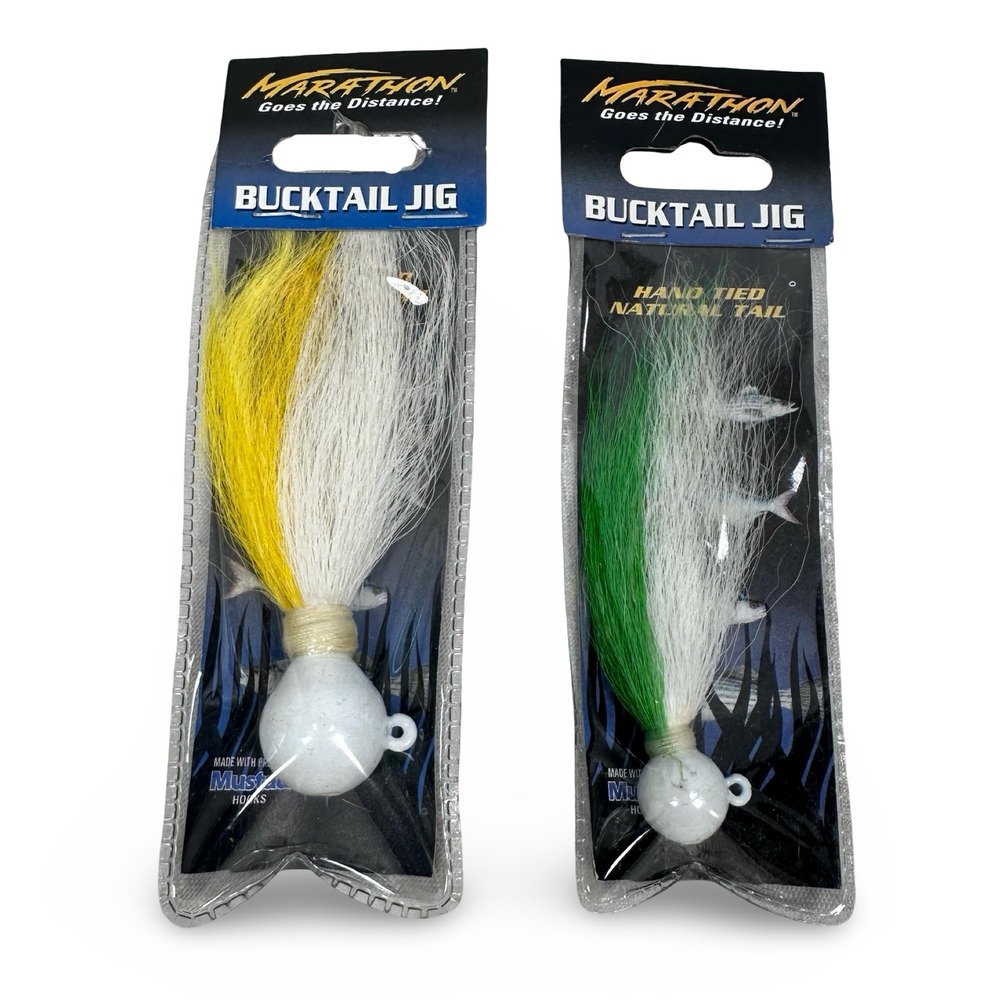 Marathon Bucktail Jig 2 Pack Mustad Hooks MBJ-2-YW MBJ34-LG/W Yellow Green White